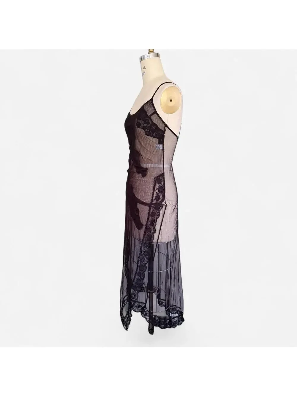 Frederick's of Hollywood Y2K Sheer Black Mesh Lace Slip Dress in Black